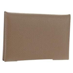 HERMES Calvi Coin Purse Leather Beige Silver Auth BA8243M